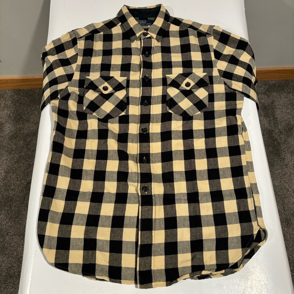 Polo Ralph Lauren Shirt Flannel Medium Yellow Black Plaid Long Sleeve Pockets